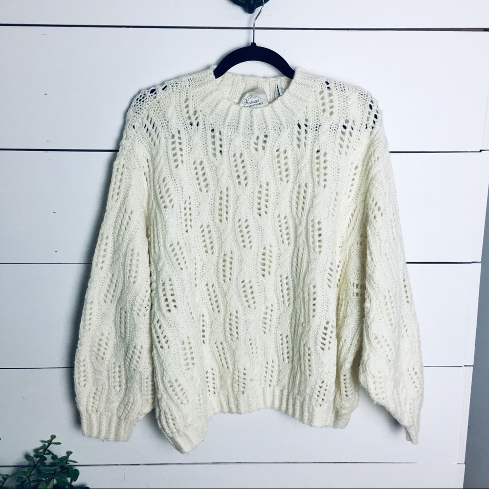 Vintage 90s Express Sweater | Cream Fisherman Knit Coastal Grandpa Chic - Picture 2 of 9